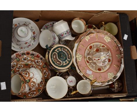 A collection of bone china including; Royal Crown Derby 1128 goblet, cup and saucer; Imari; an Olde Avesbury central bowl; a 