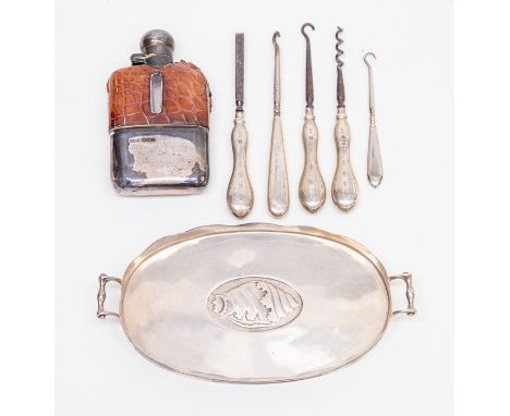 Collection of silver items including small tray flask, A/F, boot hooks etc