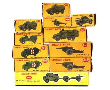 Dinky military vehicles including: 25 Pounder Field Gun Unit, 7.2 Howitzer (2), Ambulance (2), Personnel Carrier (2), Command