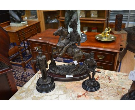 Three Bronzed Military Figurines: all in original boxes: "Light Brigade" by Heredities sculptured by David Geenty, 30cm in he