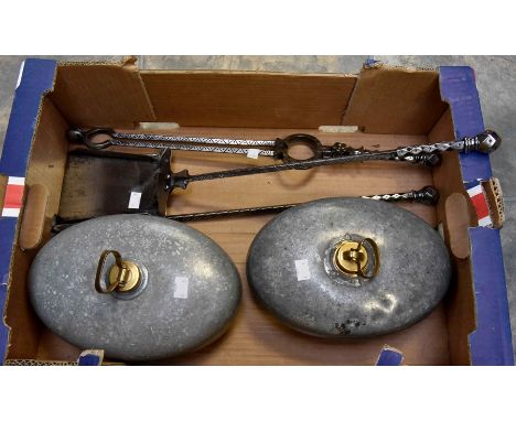 A pair of vintage possibly French galvanised copper hot water bottles/foot warmers, together with a set of cast iron fire iro