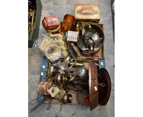 A collection of copper, brass and metal wares with some vintage tins and tea wares