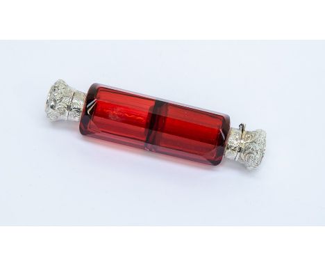 Ruby double ended scent bottle, hinged lid detatched