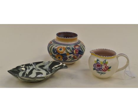 Poole Pottery vase, Fe pattern plus a small Poole Pottery jug along with Dilford Studio Pottery dish