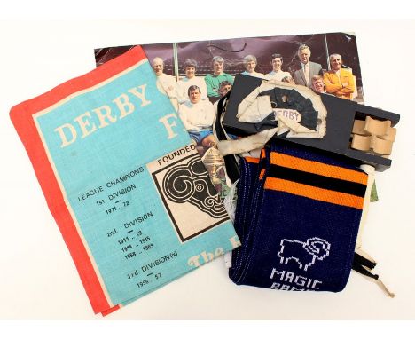 Derby County 1970's tea towel, scarf, FA Cup rattle and team photo