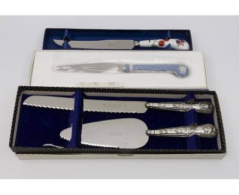 Wedgwood knife, Worcester knife and Sheffield silver cake server/bread knife