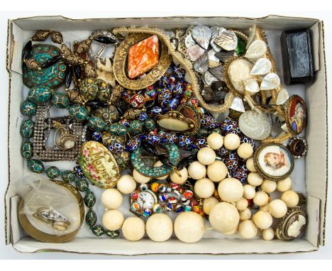 A collection of vintage costume jewellery to include a vintage Berlin steel buckles, Millefiori bead necklaces, inlaid beads 