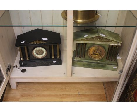 A Victorian gilt metal mantel slate 8 day striking mantel clock, temple shaped, together with a similar green marble 8 day st
