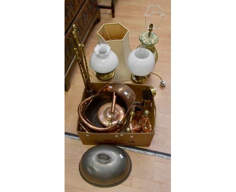 Two brass oil lamps, copper coal scuttle, copper kettle, brass fire dogs and a companion A/F, large Denby style table lamp wi