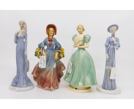 One pair of Coalport style figures and two German figures together with Royal Worcester figures dish in the form of a merboy,