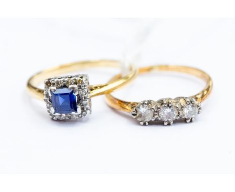 An Edwardian synthetic sapphire ring, square cut, diamond set surround, A.F stone missing, 18ct gold, size L 1/2, combined to