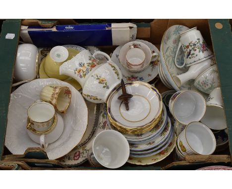 A collection of various cups, saucers, jugs, etc. marks including Spode, Aynsley, Crown Staffordshire, Royal Worcester, etc.