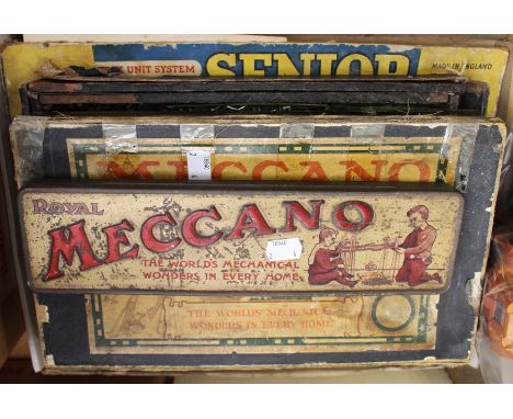 Meccano sets in two boxes plus early hinged tin 'Royal Meccano', along with Trix construction set