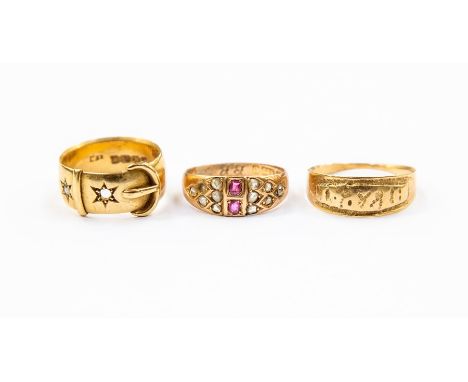 A 15ct gold, ruby and diamond ring, a/f stone missing, total gross weight approx. 2.5gms, along with a Mizpah ring and 18ct g