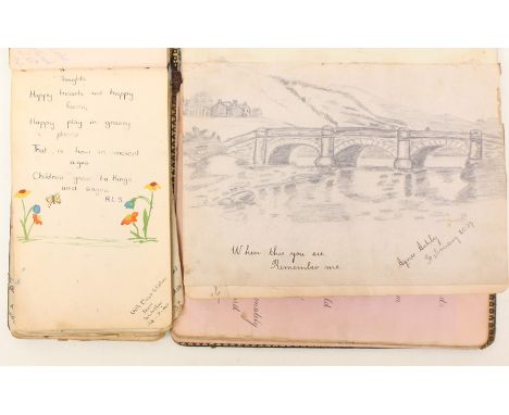 A pair of sketch books/autograph albums dating from pre WW1 to 1939 with drawings and watercolour pictures along with a folde