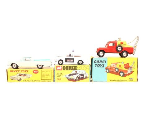 A Corgi Land Rover Breakdown 417, Corgi Police Panda Hillman Imp 506, Dinky Chevrolet El Camino Pick Up 449. (3)