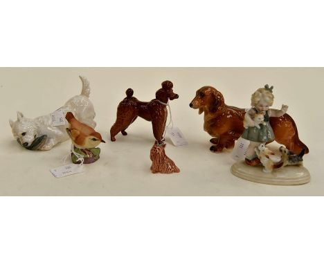 Assorted Continental and British ceramics including; Royal Worcester Wren and Bavarian Dachshund A/F (6)
