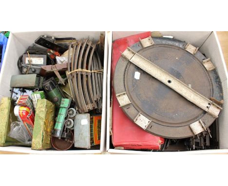 Hornby, Chad Valley, Nomura etc, assorted tinplate railway locomotives plus track and accessories. (two boxes)