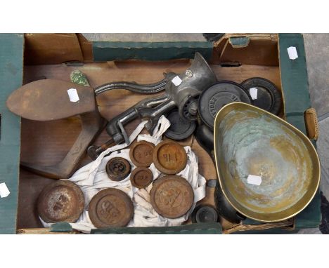 A set of scales and weights Victor England; a Shoe Last and vintage mincer
