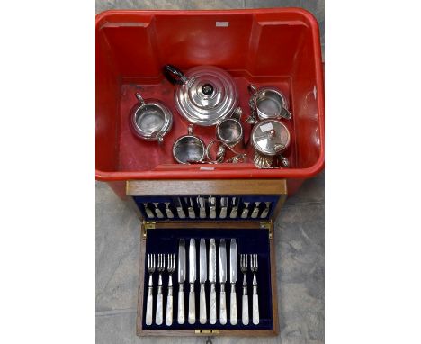 A collection of silver plate, EPNS, white metal including a set of fruit knives and forks, mother of pearl handles, in fitted