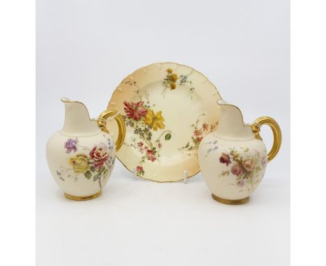 Two Royal Worcester blush ivory hand painted flat back jugs, late Victorian, RD number 29115, together with a similar Royal W