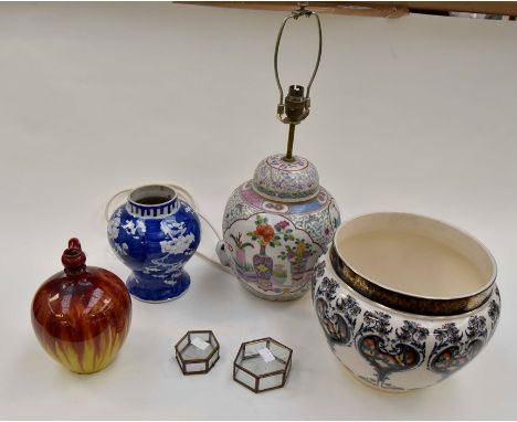 Early 20th Century Famille Rose ginger jar, converted into a table lamp, 19th Century Chinese blue and white baluster vase, A