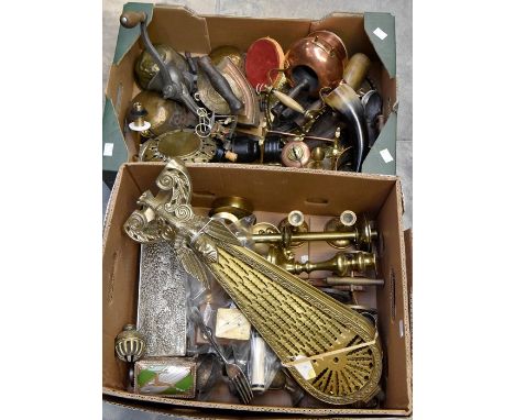 A collection of metal ware; brass, copper, iron etc including firescreen, candlestick, jewellery box (2 boxes)