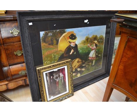 **AWAY** A large oileograph depicting a Continental scene of Mother and Child, in a pasture and a coloured print of Van Eychs