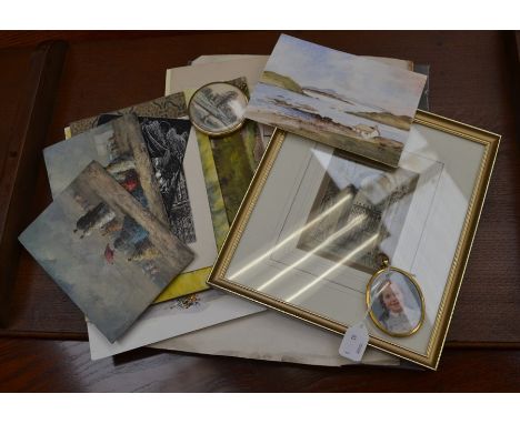 M Shaw (20th Century) portrait of a young girl, watercolour, miniature oval together with further watercolour, sketches, prin