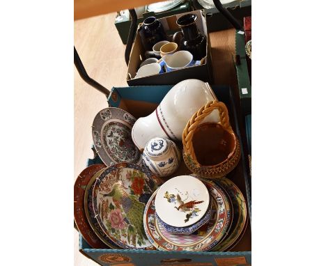 Japanese vases; Chinese plates; steins and large water jug along with red clay folk folk ware, possibly Yugoslavian? (2 boxes