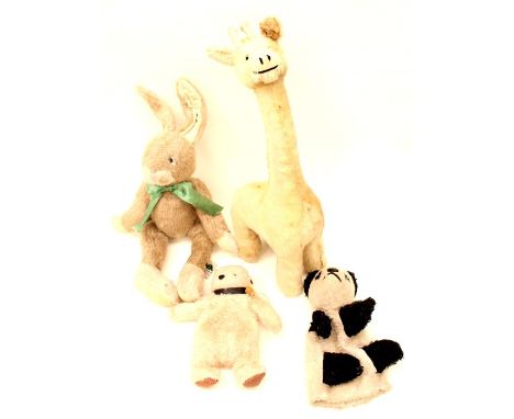 Four mid to late 20th Century plush toys, straw filled giraffe, Hopscotch Bunny, small Paddington Bear and Sue from the Sooty