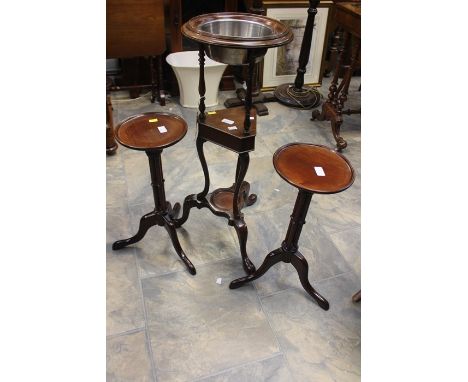 A George III mahogany wig stand on tripod cabriole feet; two similar wine mahogany tables (3)