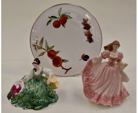 A boxed Royal Worcester figurine Sophie, a boxed Royal Doulton figurine Elyse HN2474 and a boxed Royal Worcester cheese plate