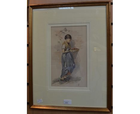 Myles Birket Foster (1825-1899), portrait of a young lady with rose bowl, watercolour, 29 x 17 cms approx, signed with mongra