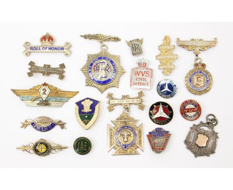 A collection of mixed enamel badges to include a silver brooch pinned and coloured enamel 1939 Three pence: Silver watch fob 