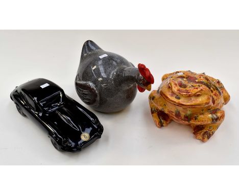 Dartmouth Pottery figure of toad, chicken/cock plus a motor car