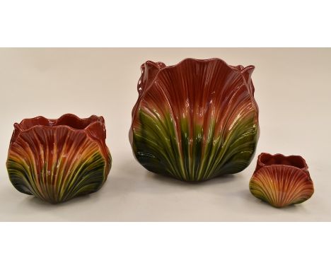 Derbyshire interest; Set of three Ault jardiniere, planter and bowl in form of scallop shells, Dr Christopher Dresser (one A/