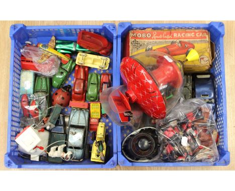 Collection of tinplate and plastic toys including Triang Minic, Schuco, Gama, Brimtoy, Mobo etc. (two trays)