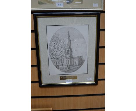 **AWAY**&nbsp; Keith Swift (modern British) Chesterfield Cathedral - Pencil sketch, oval 26cmx21cm, signed, framed with prese