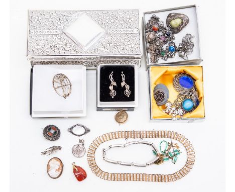 A collection of costume jewellery to include a&nbsp; Rennie Mackintosh silver brooch open work foliate design along with a ma