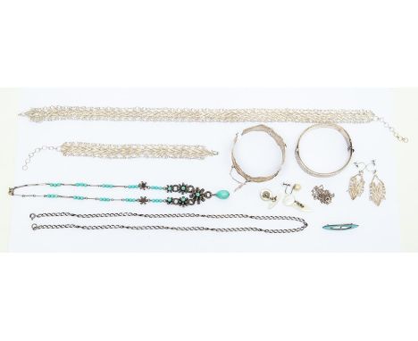 Filigree silver necklace, bracelets and earrings, a silver bangle, a silver chain and an enamel brooch, etc (Q)