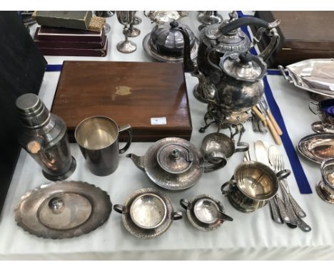 A quantity of EPNS to inc spirit kettle, tea service, cocktail shaker and canteen of cutlery