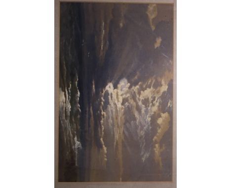 Circle of Julius Olsson (British, 1864-1942): Light breaking through clouds over the coast, gouache, H 21 x W 34 cm