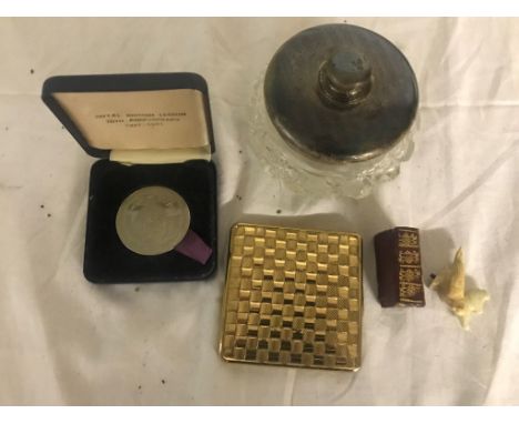 A HM silver-topped hair tidy and compact; together with a 19th century book box