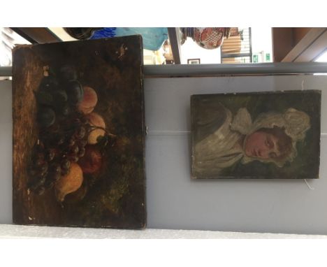 Two unframed 19th century oils on canvas depicting a still life of fruit & portrait of a lady, the largest, H 30 x W 40 cm (2