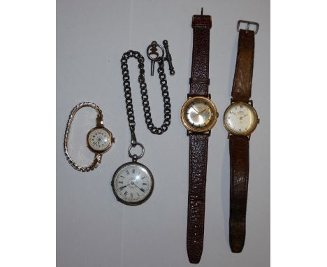 A ladies 9ct gold wristwatch, a silver fob watch with chain and two gold plated wristwatches