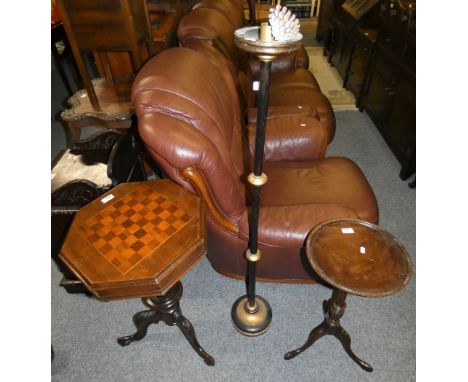 A Victorian mahogany octagonal chess table/sewing box, raised on a tripod base (AF), a wine table and a candlestick