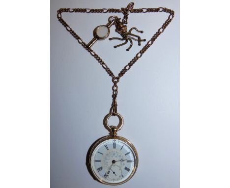 A Victorian 14K gold open face keyless wound fob watch with hardstone set key and a gilt metal chain