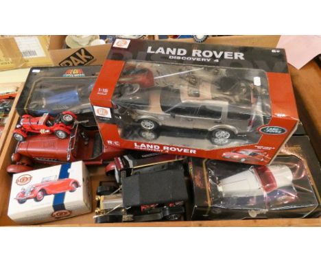 Boxed Burago diecast models including Bugatti type 59, Mercedes Benz SSKL, Alpha Romeo Spider, radio controlled Land Rover, D