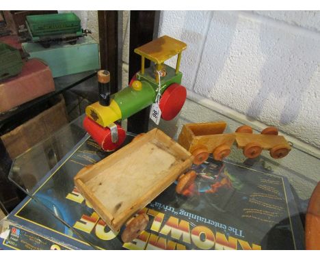Wooden toy steam roller &amp; trailers